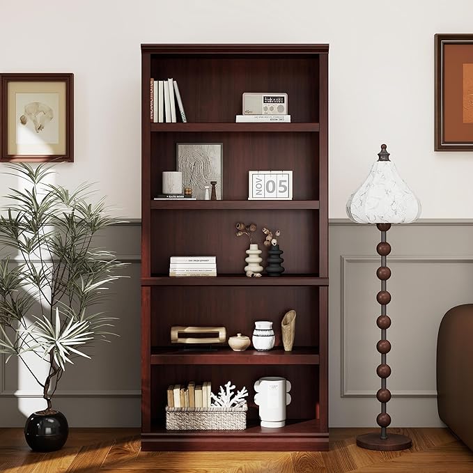 blini 5-Shelf Tall Bookcase Wooden Bookshelves 33in Wide Floor Standing Display Storage Shelves Mahogany Bookcase for Home Office, Living Room, Bed Room