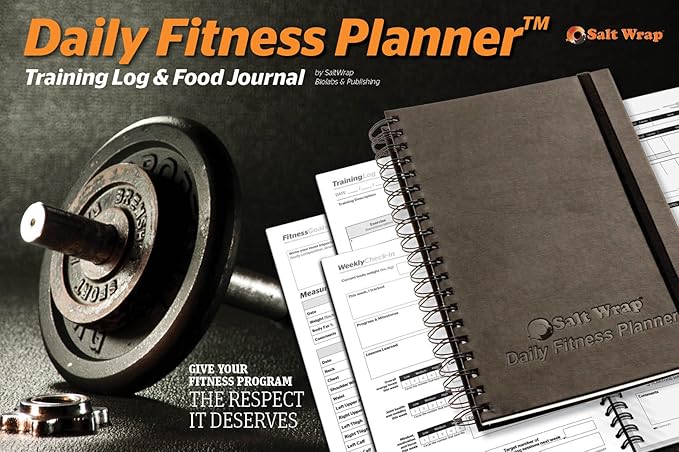 SaltWrap Daily Fitness Planner - Gym Workout Training Log, Weightlifting Exercise Journal, and Food/Diet Tracker - Daily and Weekly Pages, Goal Tracking, Spiral-Bound, 7 x 10 inches