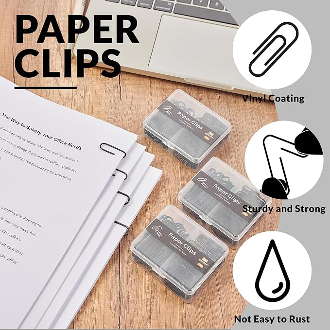 NEEWAY Colorful Paper Clips Assorted Sizes, Small and Large Paperclips, 210 Count, 3 Pack of 70 (Black)
