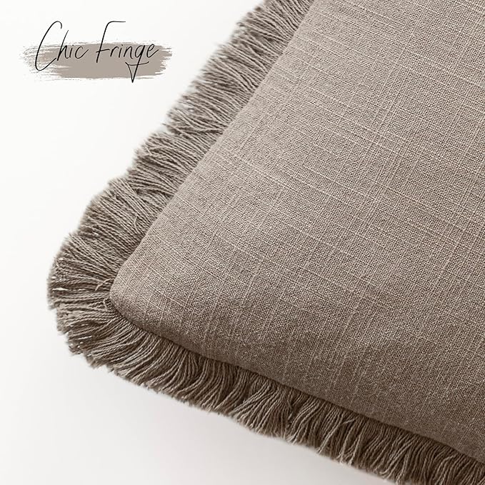 Foindtower Set of 2 Decorative Linen Fringe Throw Pillow Covers Boho Farmhouse Cushion Cover with Tassels Accent Pillowcase for Couch Chair Sofa Bed Living Room Home Decor,22×22 Inch,Brown Tan