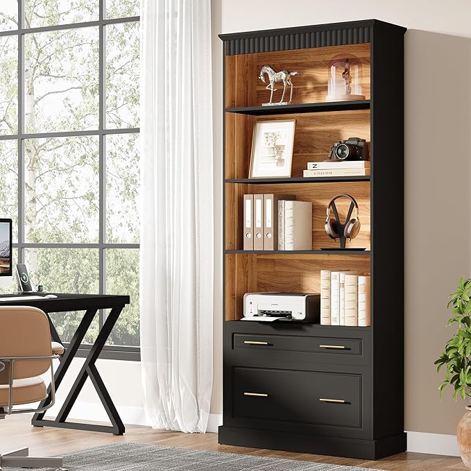 Tribesigns Way to Origin 2-Drawer Vertical File Cabinet for Letter Size, Moder Filing Cabinet with 5-Tier Bookshelf, Large Printer Stand with Open Storage Shelves for Home Office (Black)