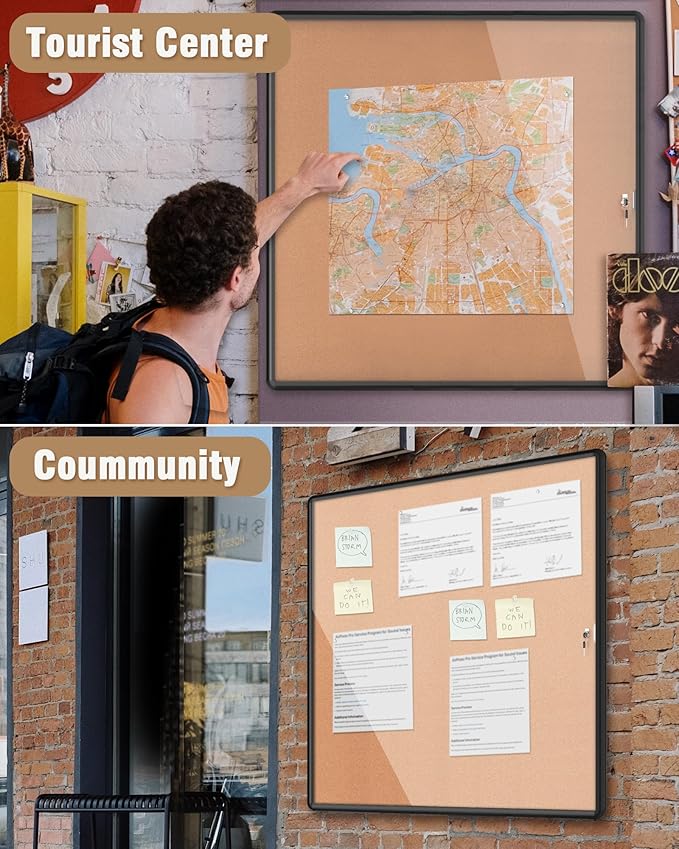 Mifuro 38"x38" Enclosed Bulletin Board, Lockable Weather-Resistant Aluminum Cork Noticeboard for School & Office, Black Frame w/Cork