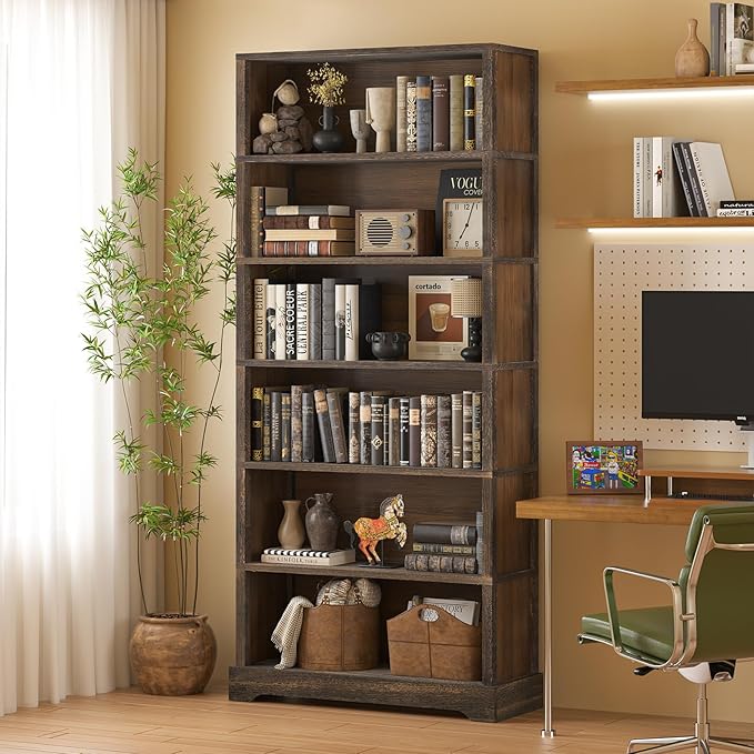 TVU 6-Tier Wooden Book Shelf, Floor-Standing Display Bookcase, 77.2" H x 31.5" W x 11" D Bookshelf, Farmhouse Style Book Case with Arched Base, Suitable for Living Room, Study, Office, Rustic Brown