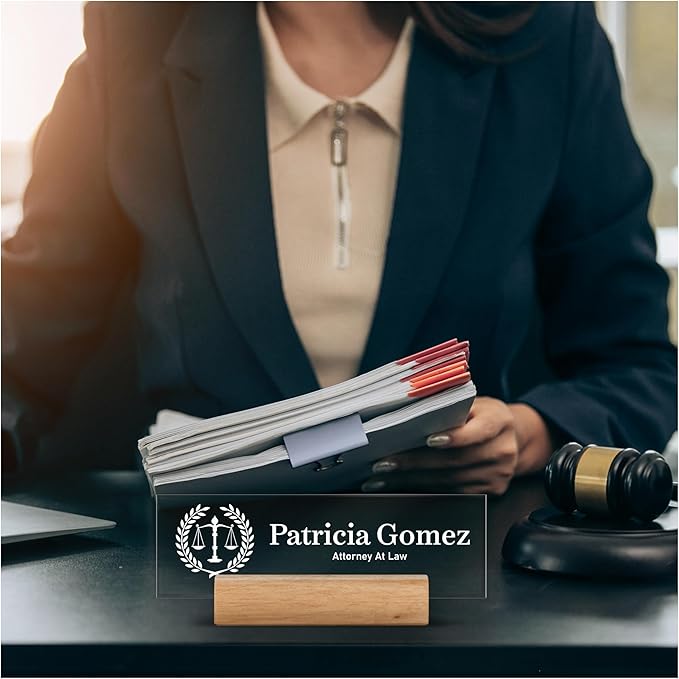 Custom Business Logo Desk Name Plate with Wooden Base - 28 Backgrounds - Custom Name Plate for Desk, Office Decor, Teacher Appreciation Gifts