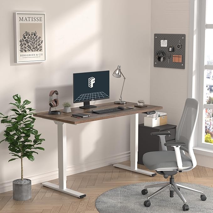FLEXISPOT E6 3-Stage Dual Motor Electric Standing Desk 55 x 28 Sit Stand Up Desk, Holds 220 lbs, Adjustable Height w/Memory Presets, One-Piece Brown Wood Grain Desktop & White Frame, Ships in 2 Boxes
