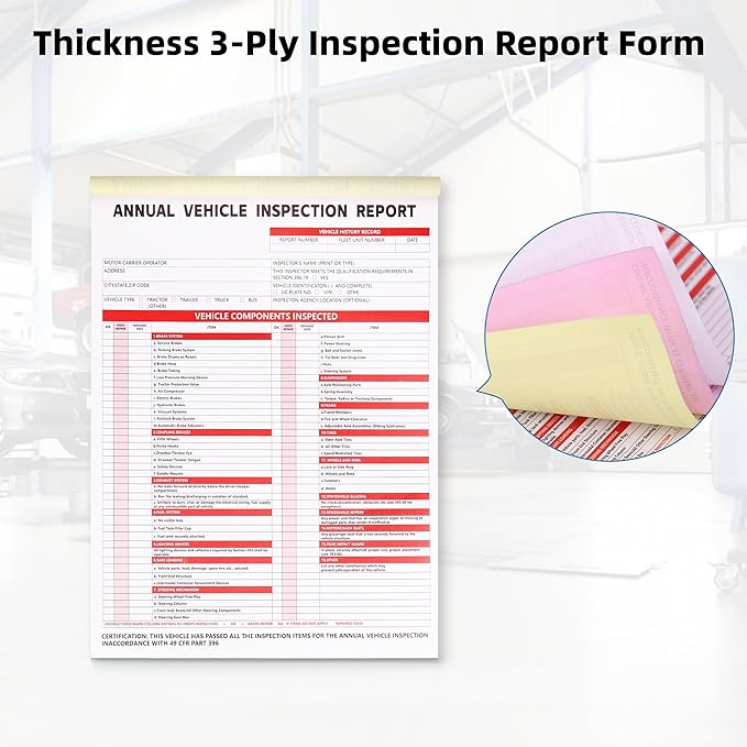 15-Pack Annual Vehicle Inspection Report Form, 3-Ply Carbonless Form and Hardboard, Includes 15-Pk Red FMCSA DOT Permanent Aluminum Adhesive Stickers, DOT Compliant