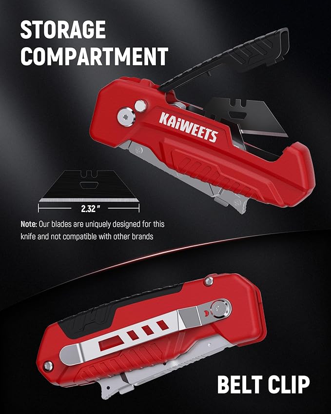 KAIWEETS Utility Knife Scraper, 2-in-1 Folding Box Cutter with Blade Storage, Heavy Duty Zinc Alloy Body, Retractable Design, 12pcs SK2 Black Blades replacement, EDC Tool for Home, Office, DIY– Red