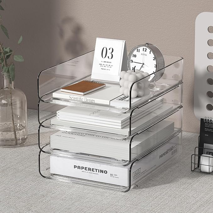 FANXIYQ 4-Tier Acrylic Paper Tray Organizer | Clear Stackable Desk Organizer for Documents, Letters, A4 Paper | Modern Office/Classroom/Home Organization