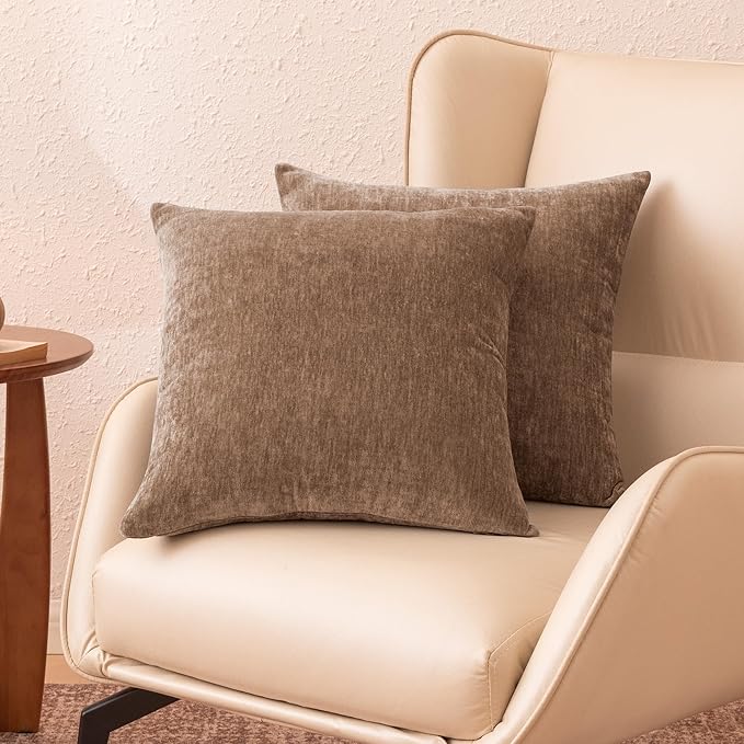 Amazon Basics Chenille Throw Pillow Covers, Home Decor Cushion Cover for Bedroom Living Room Couch Bed, 16" W × 16" L, Brown