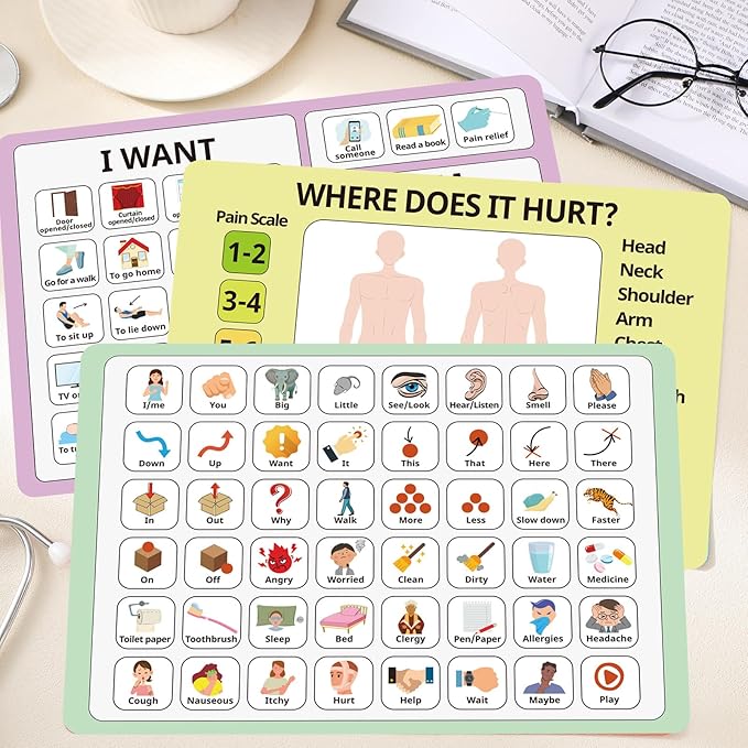 6 Pcs Communication Boards for Non Verbal Adults 11.81 x 8.27'' Colorful Picture Symbol Communication Cards Speech Tool for Autism Aphasia Stroke Patients Hospital Care Use (Multi)