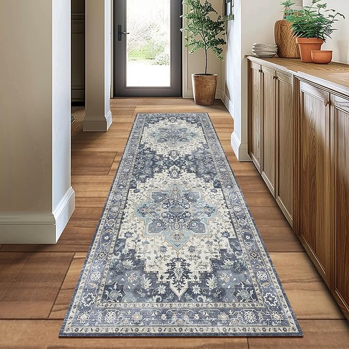GENIMO 2'6"x8 Runner Rugs for Hallway, Machine Washable Non Slip Vintage Rugs, Low Pile Lightweight Soft Print Rug for enrtyway, Corridor, Home Office, Kitchen, Center Blue