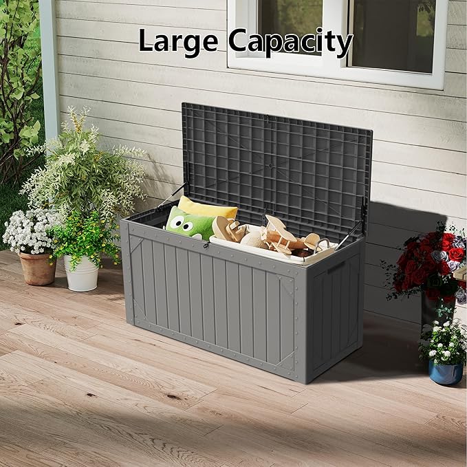 PATIOEASY 100 Gallon Waterproof Large Resin Deck Box，Storage Box for Patio Cushions(Grey)