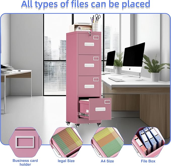 METAN 4 Drawer File Cabinet on Wheels, Lockable Metal Filing Cabinet with Handle and Name Card for Office Home,Assembly Required,Pink
