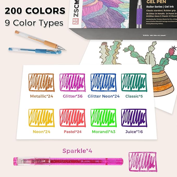 ZSCM 400 Pack Gel Pens for Adult Coloring Book, 200 Artist Colored Pens With 200 Refills, Fine Tip Metallic Glitter Gel Pens for Drawing Doodling Journaling Craft Art Supplies