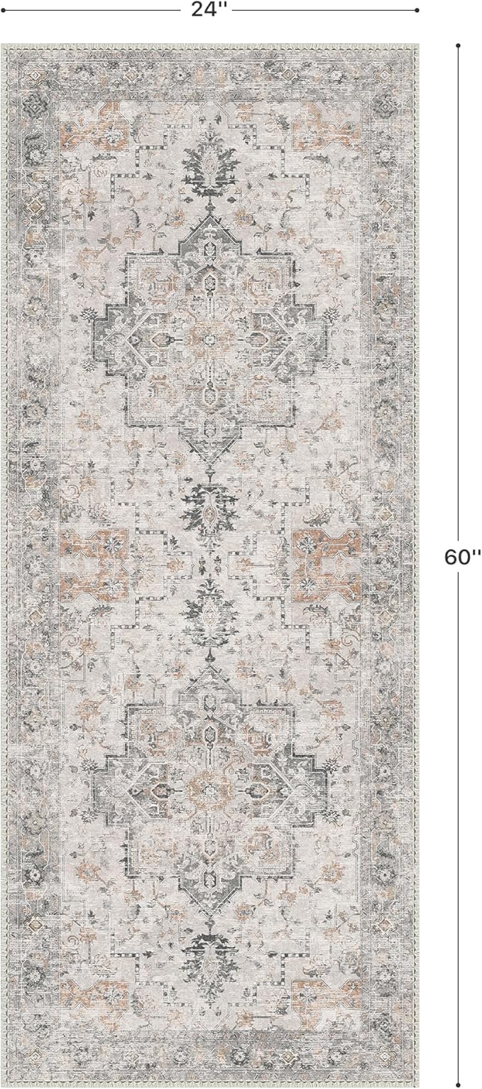 GENIMO Runner Rug 2x5 Non Slip Machine Washable Vintage Hallway Runner Rug, Low Pile Lightweight Rugs for Entryway, Hallway, Kitchen and Corridor, Light Taupe Brown