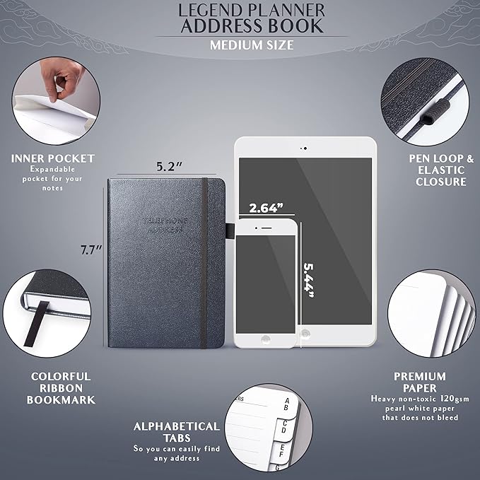 Legend Planner Address Book with Alphabetical Tabs –Telephone Contacts Book for Phone Numbers, Addresses, Passwords, Medium (Mystic Gray)