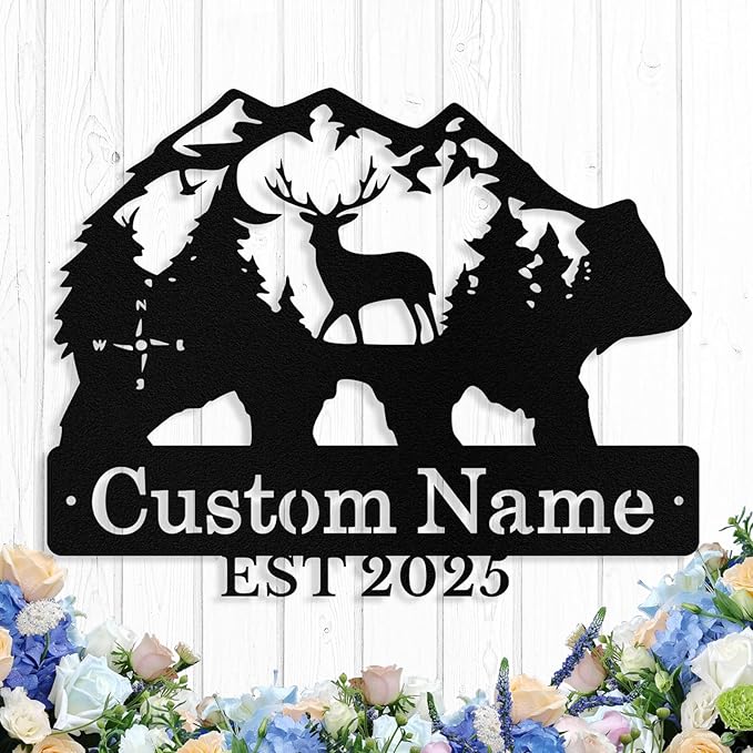 Custom Bear & Deer Metal Sign, Custom Bear Metal Wall Art Decor, Personalized Last Name Signs for Home, Rustic Farmhouse Black Wall Decor for Cabin, Bedroom, Living Room