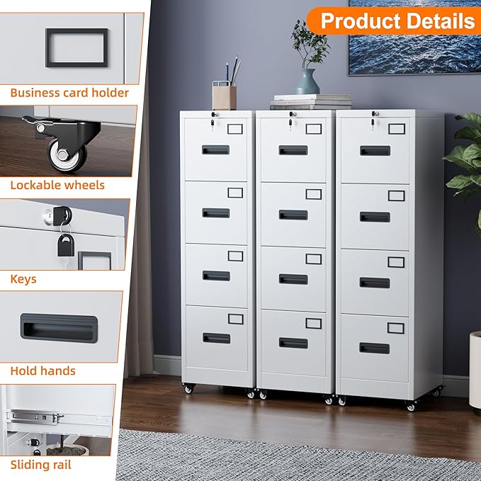 METAN 4 Drawer File Cabinet on Wheels, Lockable Metal Filing Cabinet with Handle and Name Card for Office Home,Assembly Required,White