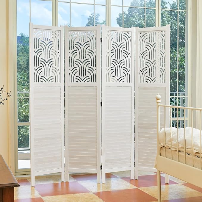 Svimi Folding Room Divider, 66.9 Inch 4 Panels Wood Carved Privacy Screens, Free Assembled Freestanding Portable Separation Wall for Home Office Restaurant Bedroom (White)