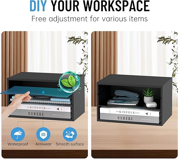 SHARKWOODS Wood Desk Organizer, 3 Tier Paper Tray Organizer for Desk with Adjustable Storage Shelves, Printer Stand Desktop File Organization Paper Sorter Mail Holder for Office Home Classroom, Black