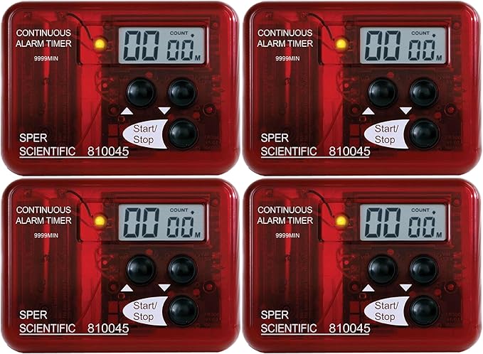 Sper Scientific Continuous Alarm Timer with Count Up Count Down & Visual Indicator 810045 - Bright LED Alarm & 9999-Minute Range - Portable Design for Cooking, Experiments, Fitness & More - 4 pc
