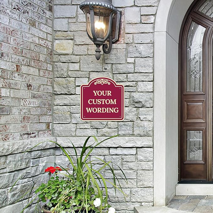 Custom Decorative Sign, Personalized Metal Sign for Business, Driveway, Home, Airbnb, Office Door Plaque,Burgundy Background Sign, 12x12 Inches, ACM, Fade Resistant, Made in USA by Sigo Signs