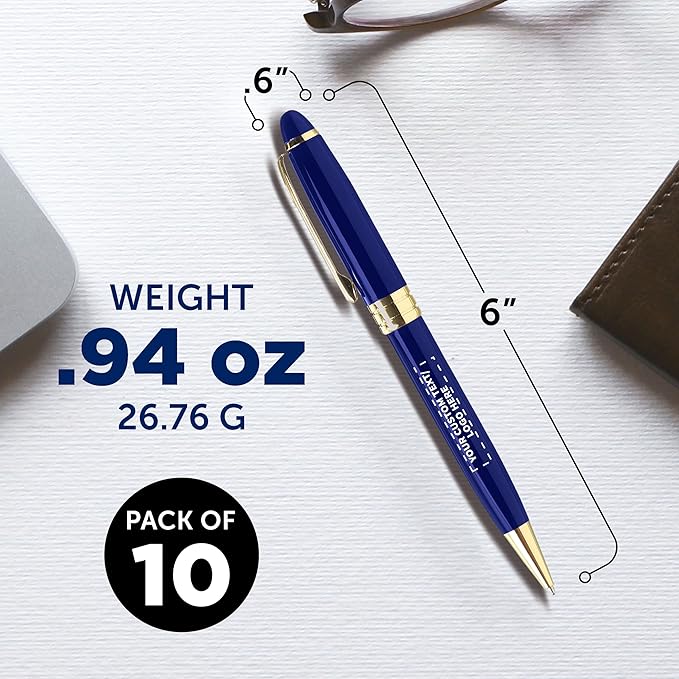 DISCOUNT PROMOS 10 Ultra Executive Pens Pack - Customizable Text, Logo - Twist To Write, Gold Accent - Blue