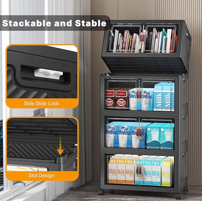 UAMFURI Extra Large Stackable Storage Bins with Lids & Wheels & Door, 208QT-52QT/13GAL*4Pack Foldable Collapsible Closet Organizers, Plastic containers drawers for bedroom Dorm