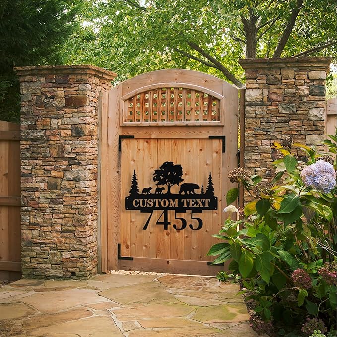 Custom Bear Metal House Number Sign Outside, Personalized Metal Address Signs Plague for Houses, Rustic Farmhouse Home Porch Yard Decor