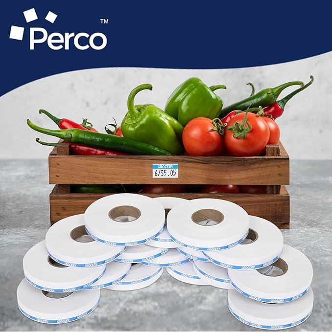 Perco Blue Reverse Print on White Grocery Labels to fit Monarch 1110 Price Gun, 16 Rolls - 17,000 Labels