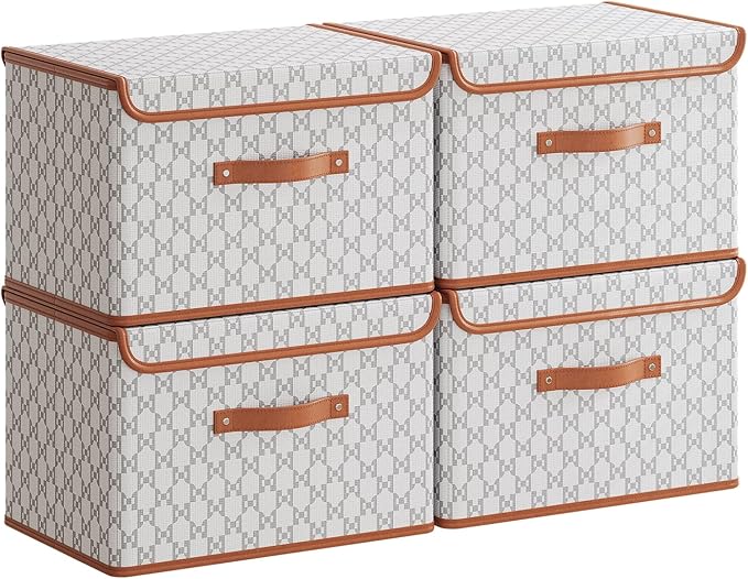 Tuza 4 Pack Fabric Storage Bins with Lids, Collapsible Closet Organizer Container, Decorative Storage Boxes with Lids for Organizing Clothes, Blanket, Grey & White, Extra Large
