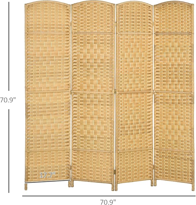 HOMCOM 4 Panel Room Divider, 6' Tall Folding Privacy Screen, Hand-Woven Freestanding Wood Partition for Home Office, Bedroom, Nature Wood