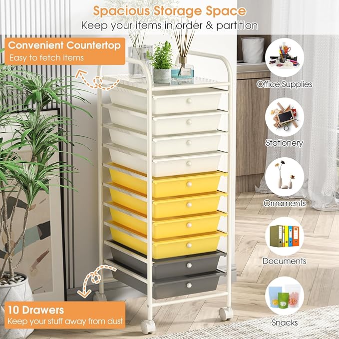GLACER 10 Drawers Rolling Cart, Storage Cart with w/Removable Drawers & Steel Frame, Utility Mobile Trolley w/Universal Casters & 2 Brakes, Organizer Cart for Home, School, Office (Yellow)