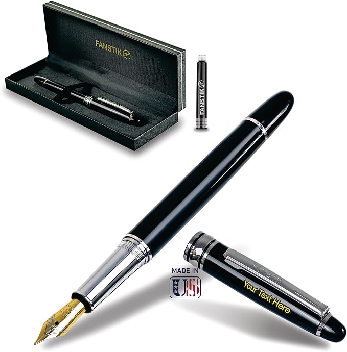 FANSTIK, Customized Fountain pen with name (MADE IN USA), stainless steel, black and Silver, luxury engraved pen personalized for men and for women. (Fountain Black-Silver)