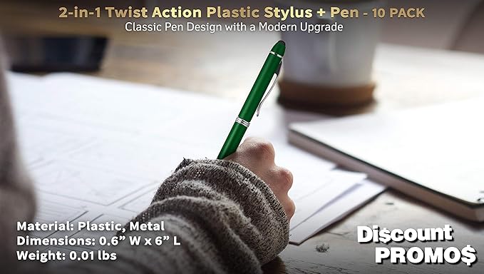 DISCOUNT PROMOS Twist Action Plastic Stylus Pens, Set of 10, Bulk Pack - Pens for Work, Cool Pens for Writing, Black Ink - Green