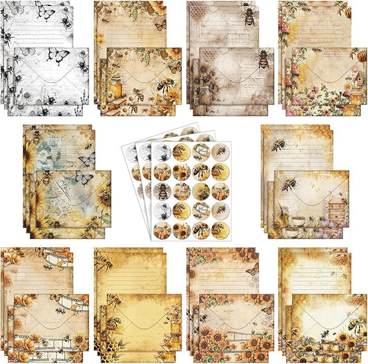 TaoBary 160 Pcs Stationery Paper Set 50 Double Sided Stationery Papers with 50 Matching Envelopes and 60 Round Dot Sticker, 10 Design (Vintage Bee Floral Butterfly,8.25 x 5.5 Inch)