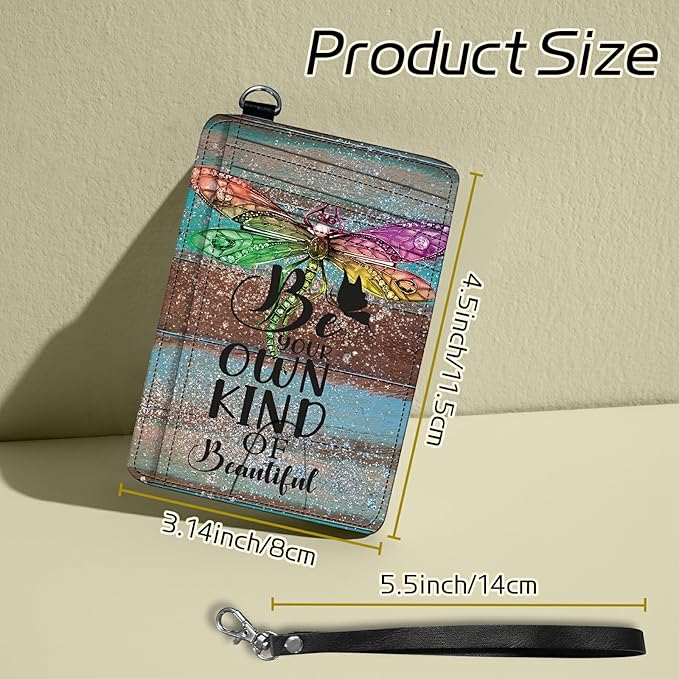 BWEGRHE Small Travel Wallets, Dragonfly Glitter Wood Slim Minimalist Front Pocket Wallet with Wristlet, RFID Blocking PU Leather Credit Card Holder with ID Window Change Purse for Men Women