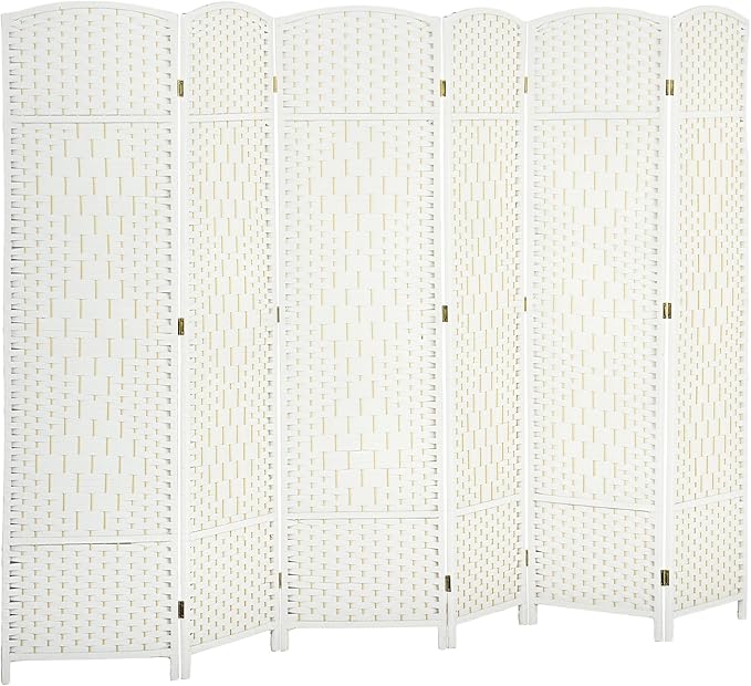 HOMCOM 6 Panel Room Divider, 6' Tall Folding Privacy Screen, Hand-Woven Freestanding Wall Partition for Home Office, Bedroom, White
