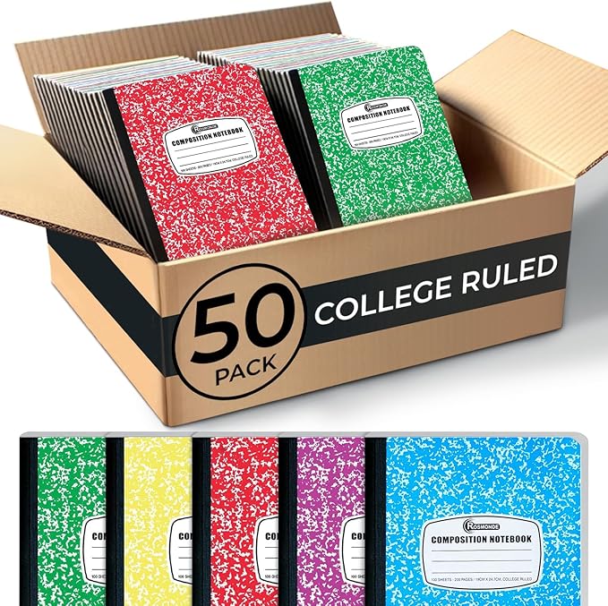 Rosmonde 50 Pack Bulk Composition Notebooks College Ruled, 200 Pages (100 Sheets), 9-3/4 x 7-1/2, Bulk School Supplies, Bulk College Ruled Notebooks, Bulk Assorted Colors Marble Notebooks for School