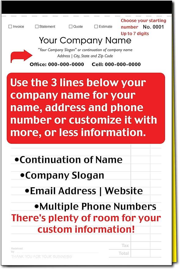 Custom Sales, Invoice, Statement, Estimate, Quote, Personalized Multipurpose Duplicate Carbonless Form with Your Company Name - 5 Books (250 Sets) Numbered