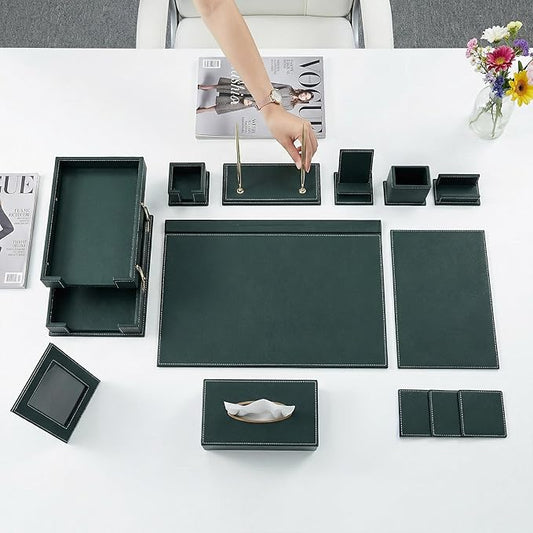 RitPin Desk Set, 11-Piece All-in-One – Executive Desk Accessories & Office Supplies, Leather Desk Organizer with Desk Pad & Blotter, 2-Tier Letter Tray, Luxury Office Desk Decor & Boss Gifts (Green)