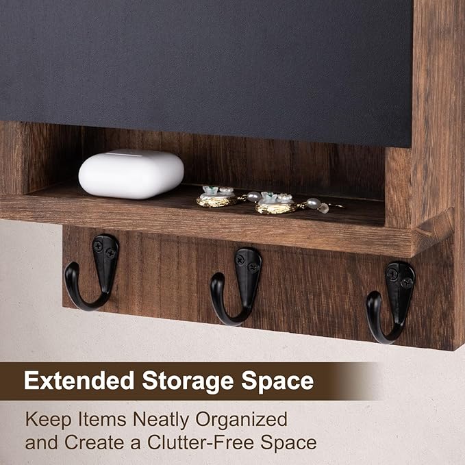 Lucundm Key and Mail Holder for Wall, Key Holder with Chalkboard and Long Storage Box, Key Hanger with 3 Sturdy Hooks for Coat, Dog Leash, Entryway Mail Organizer (Brown)