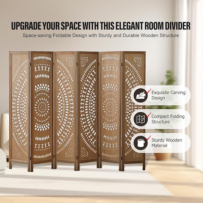 ALeesing 6 Panel Wood Room Divider Fully Assembled, Decorative Room Dividers and Folding Screens, 5.6Ft Room Divider Screen Freestanding Partition Wall Dividers for Home Bedroom Office, Brown