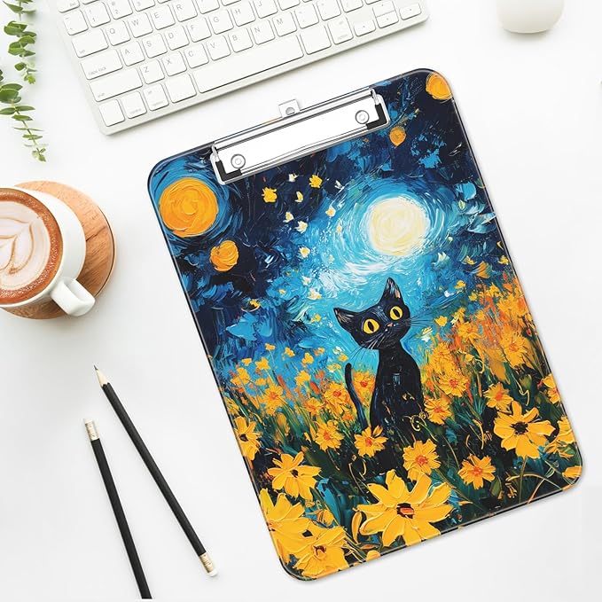 Luminzo Plastic Cute Clipboard, Low-Profile Metal Clip, A4 Letter Size 9 x 12.5 in, 8.5 x 11 Paper Clip Board for Teachers, Nurses, Classroom, Cute Van Cat