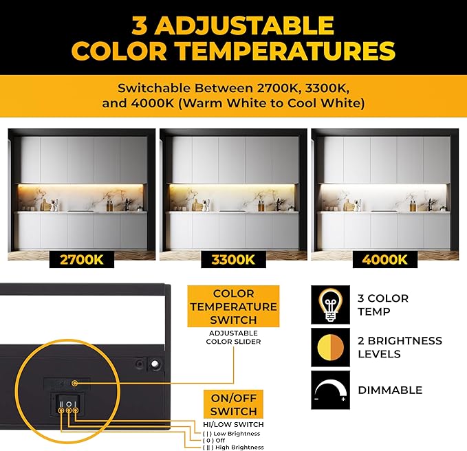 LED Under Cabinet Lighting Hardwired - 3CCT 40 Inch Black Finish - Undercabinet Lights for Kitchen - Linkable Undercounter Dimmable Plug in Light or Hard Wired - Under Counter Fixture Direct Wire