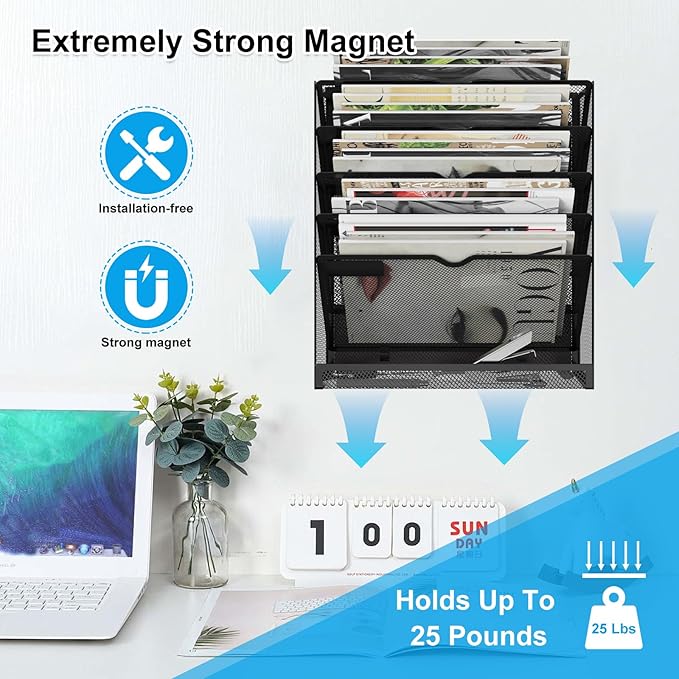 KZWKRG 6 Tier Magnetic File Holder, Large Capacity Mesh Hanging Wall Organizer Vertical Magnetic Hanging File Organizer, Magnetic File Folder Holder for File Cabinets, Office, Whiteboard (Black)