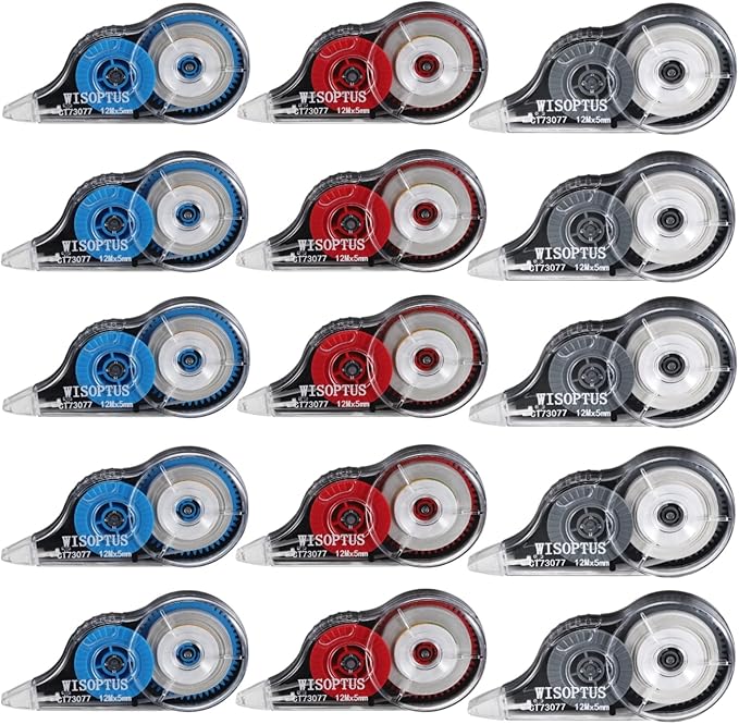 WISOPTUS 15PCS White Correction Tape with Dispenser, 39.37ft Each, Fast, Clean, Opaque and Easy to Use Tear-Resistant Correction Tape Bulk Office or School Supplies, Blue, Red, Gray