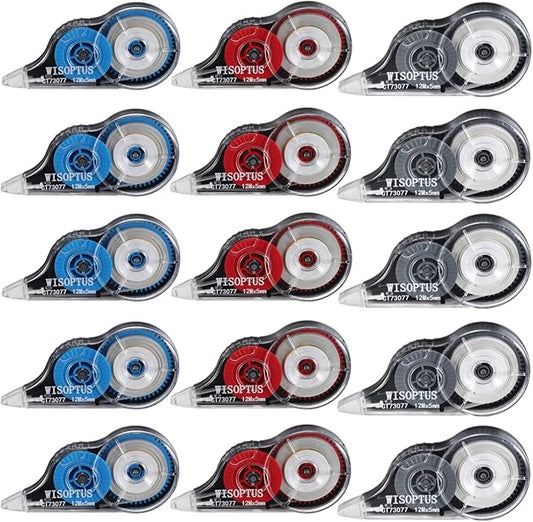 WISOPTUS 15PCS White Correction Tape with Dispenser, 39.37ft Each, Fast, Clean, Opaque and Easy to Use Tear-Resistant Correction Tape Bulk Office or School Supplies, Blue, Red, Gray