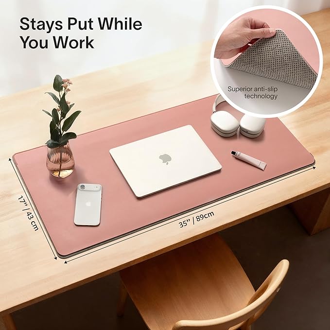 Nordik Felt and Leather Desk Mat - Desert Blush Pink - 35x17 Inch Felt and Vegan Leather Desk Blotter with Document Hideaway - Large Computer Mats for Desktop - Ideal Keyboard Mat for Office and Home