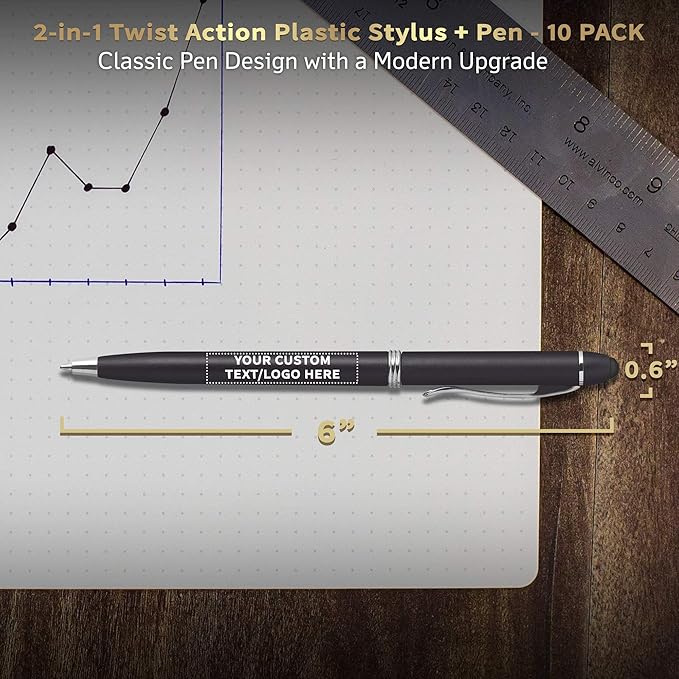 DISCOUNT PROMOS Custom Twist Action Plastic Stylus Pens, Set of 10, Personalized Bulk Pack - Pens for Work, Cool Pens for Writing, Black Ink - Black